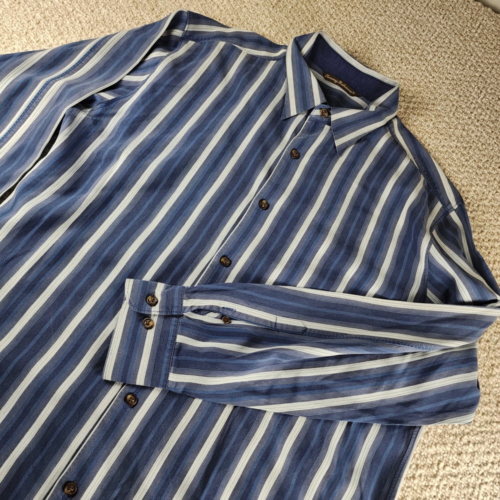 Tommy Bahama Button Up Shirt Large Blue Stripe Silk Wool Blend Relaxed Mens